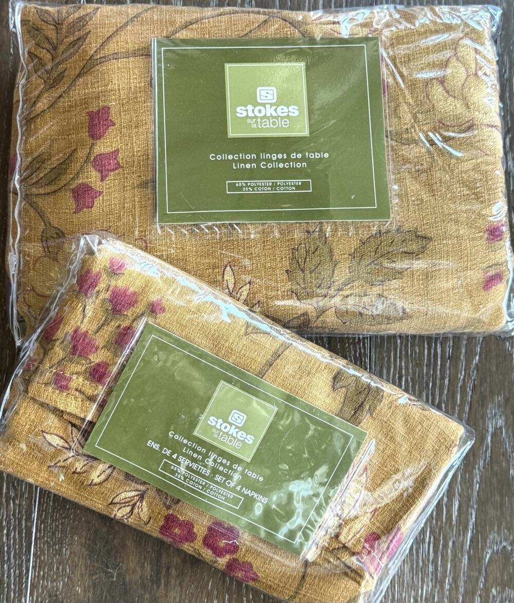 Stokes & Sur La Table Tablecloth & 4 Cloth Napkins Set Raspberry Floral 60 x 84